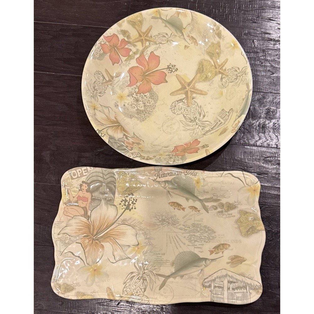 Tommy Bahama Square Platter Tray Serving‎ Bowl Hawaiian Islands Set Of 2 Beach